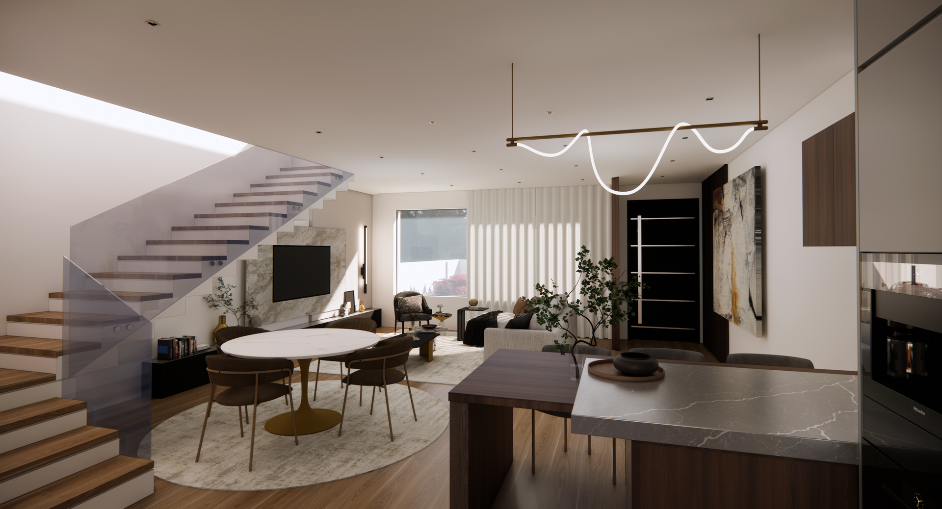 Interior moderno de sala de jantar e cozinha integradas, com escada, piso de madeira e luminárias pendentes.
