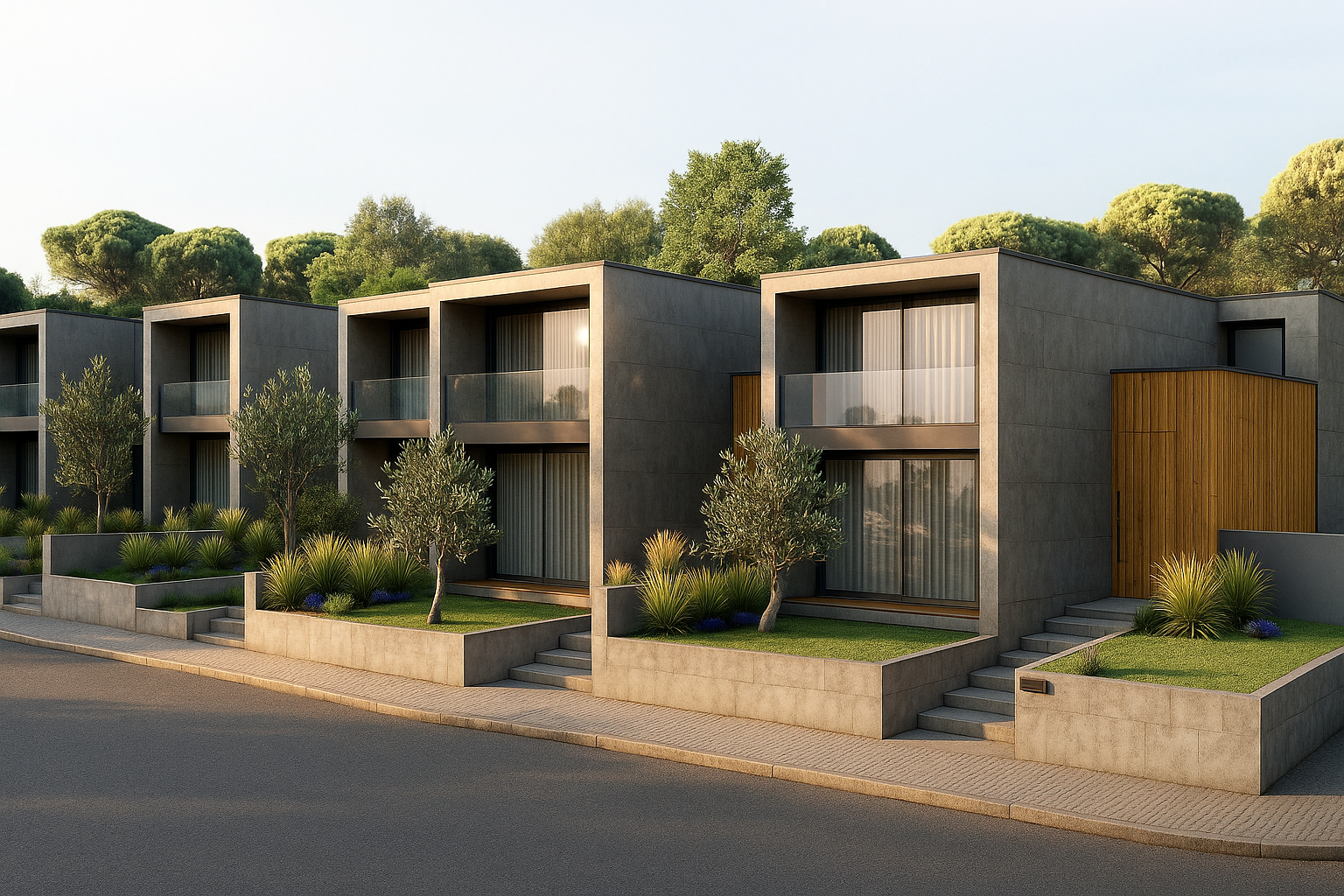 Casas geminadas modernas com varandas, jardins frontais e muros de concreto ao longo de uma rua tranquila.