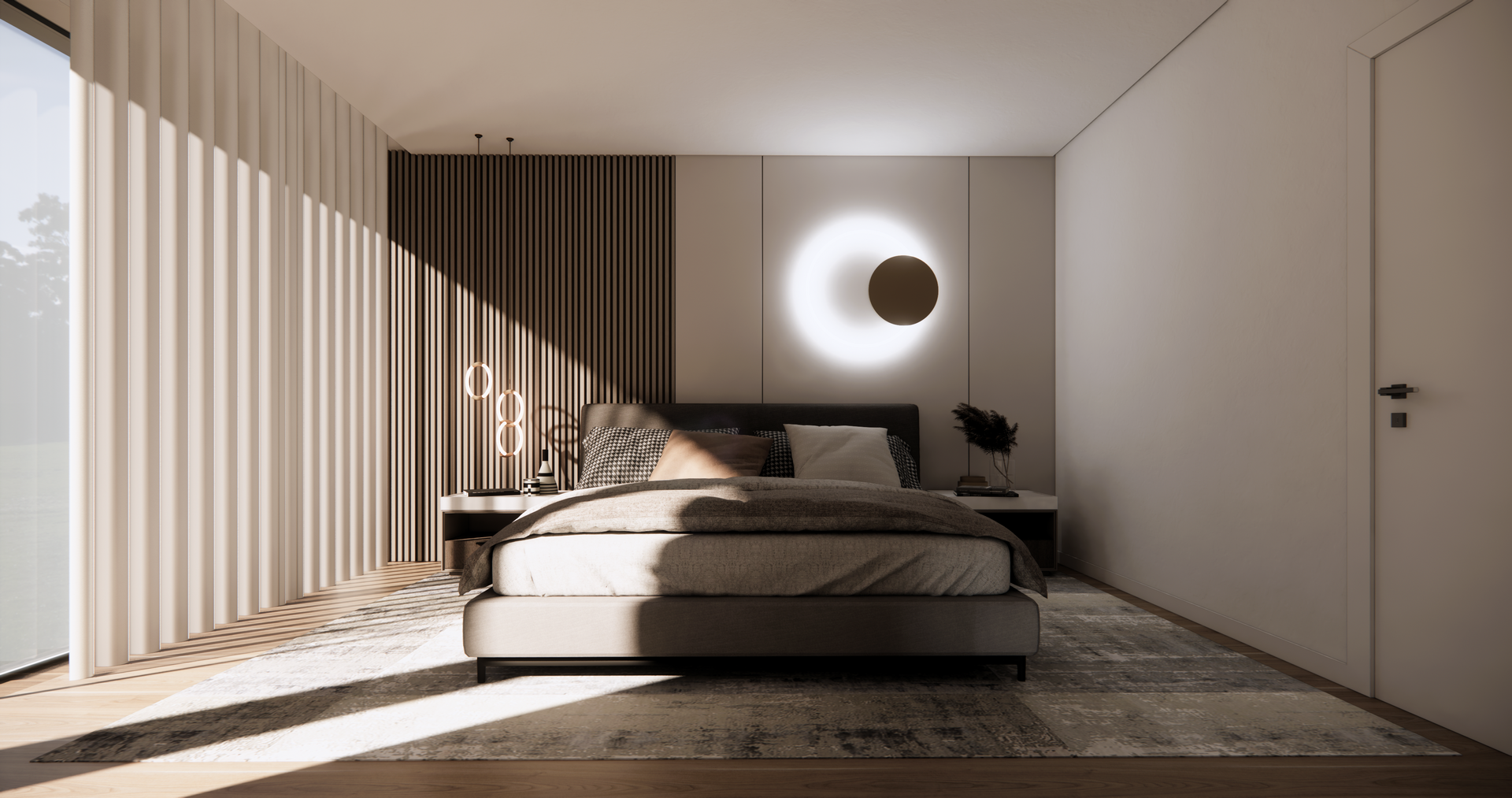 Quarto moderno com cama, luminária de parede circular.