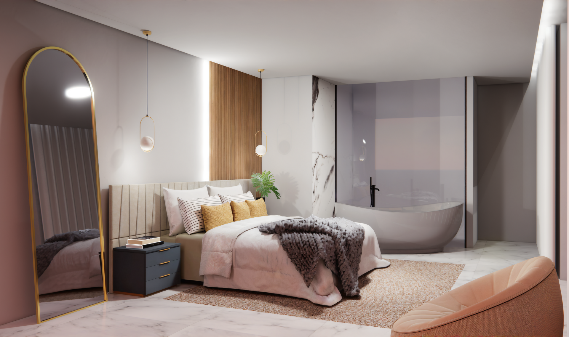 Quarto moderno com cama grande, espelho em arco, detalhes em madeira e banheira independente.