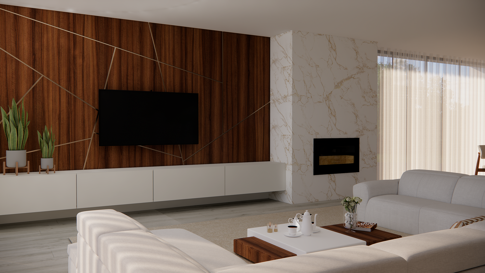 Sala de estar com sofá modular branco, parede com detalhes em madeira, TV fixada na parede, lareira e cortinas translúcidas.