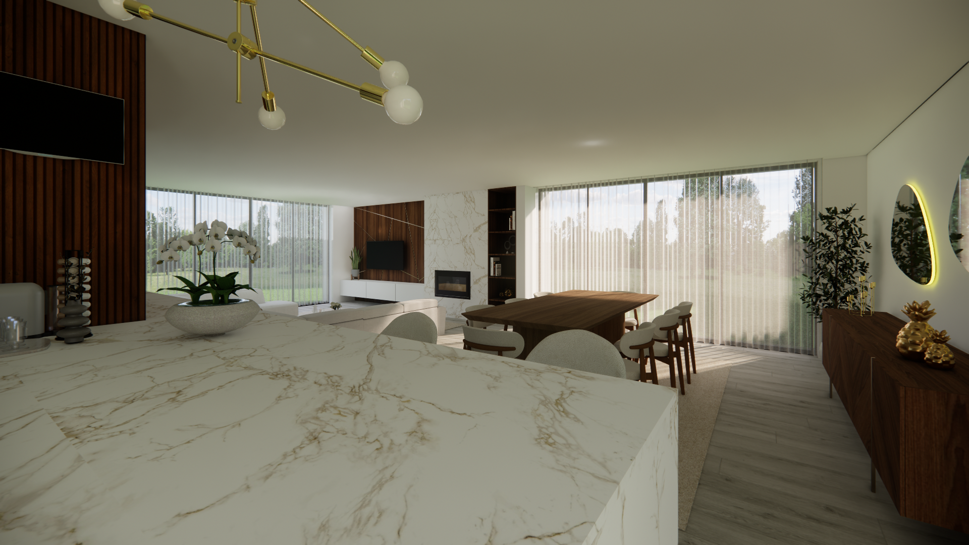Sala de estar e jantar modernas em conceito aberto, com piso de mármore, detalhes em madeira e amplas janelas com cortinas.