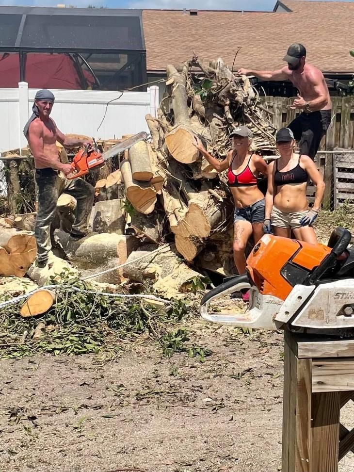 Workers cutting and clearing a large uprooted tree with chainsaws in a muddy yard