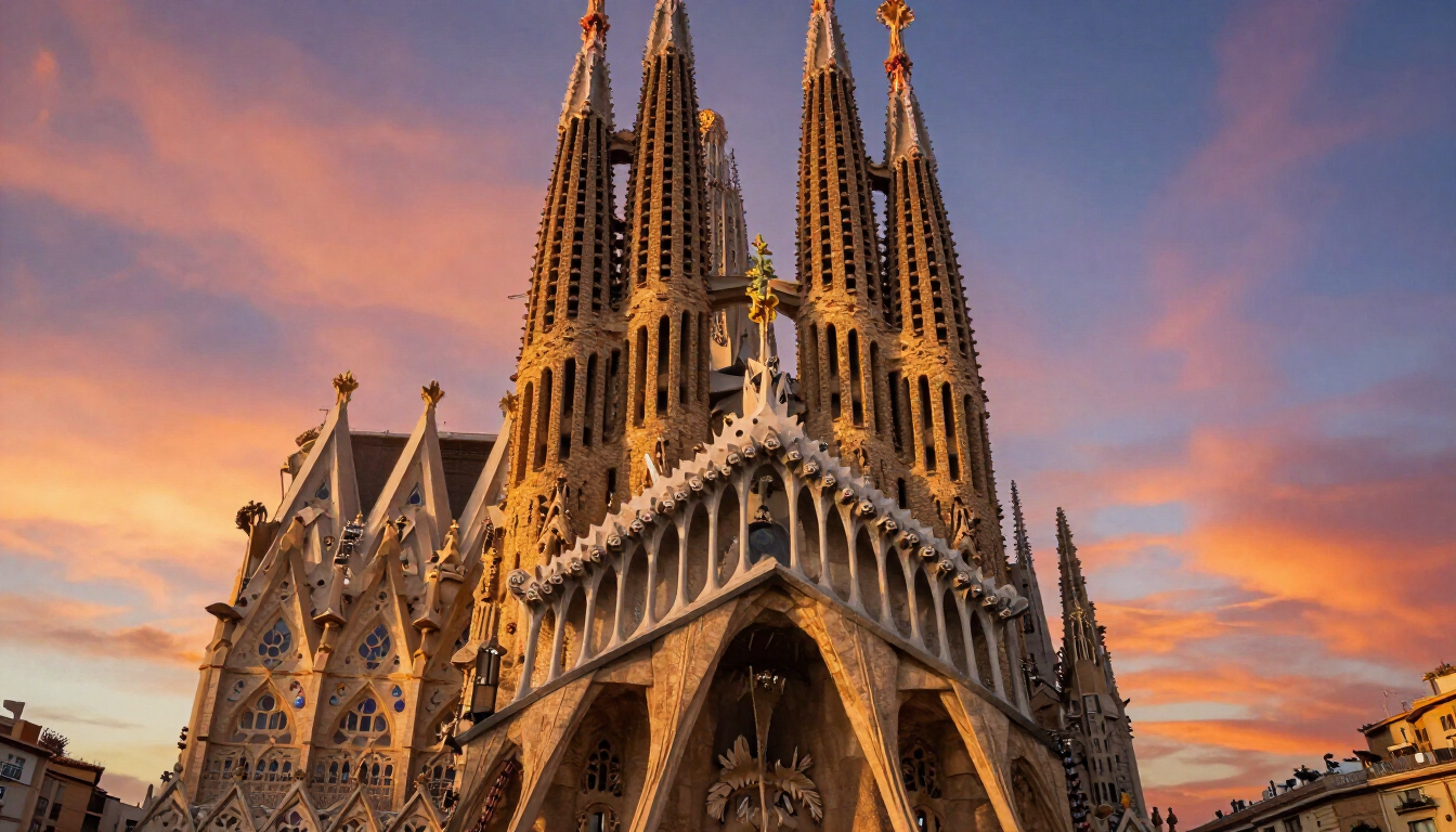 La Sagrada Familia di Barcellona, capolavoro di Gaud&igrave;, illuminata dal sole al tramonto con vivaci colori spagnoli.