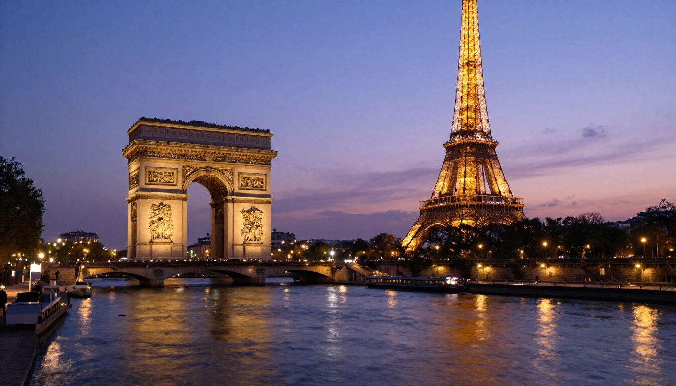 Veduta romantica di Parigi con la Torre Eiffel illuminata e la Senna al tramonto.