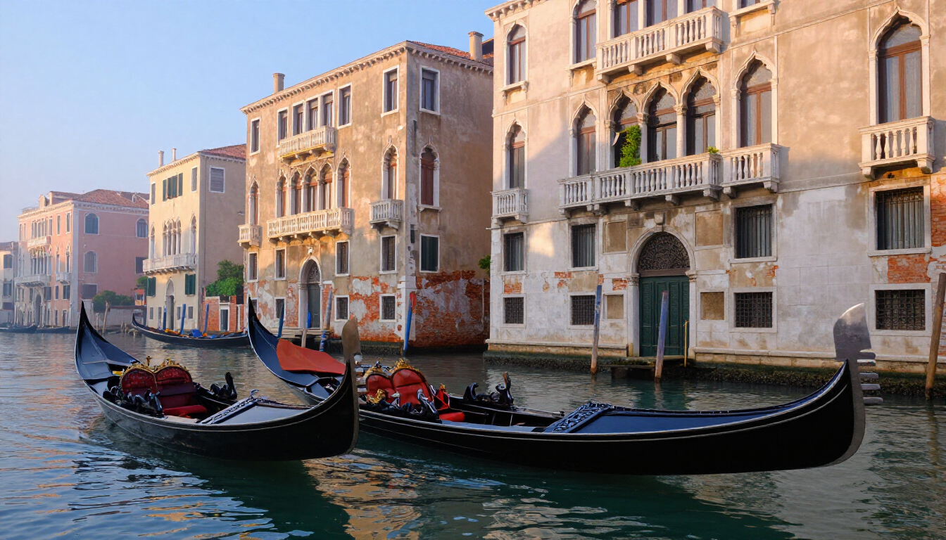 Veduta di Venezia con il Grande Canale, gondole e architettura storica illuminata dalla luce mattutina.