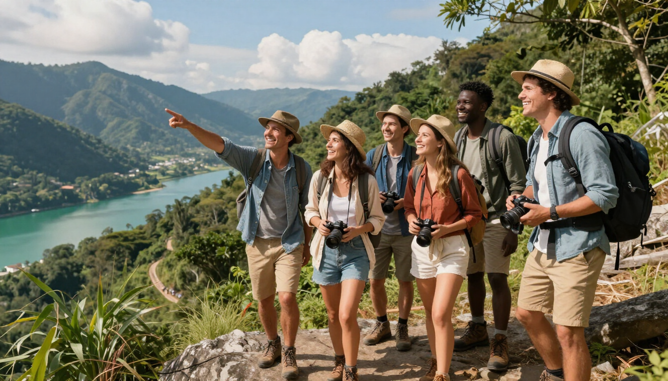 Viaggiatori felici godono della loro vacanza pianificata a misura, in meta esotica.