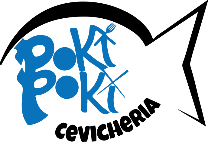 A blue and black logo for poki cevicheria