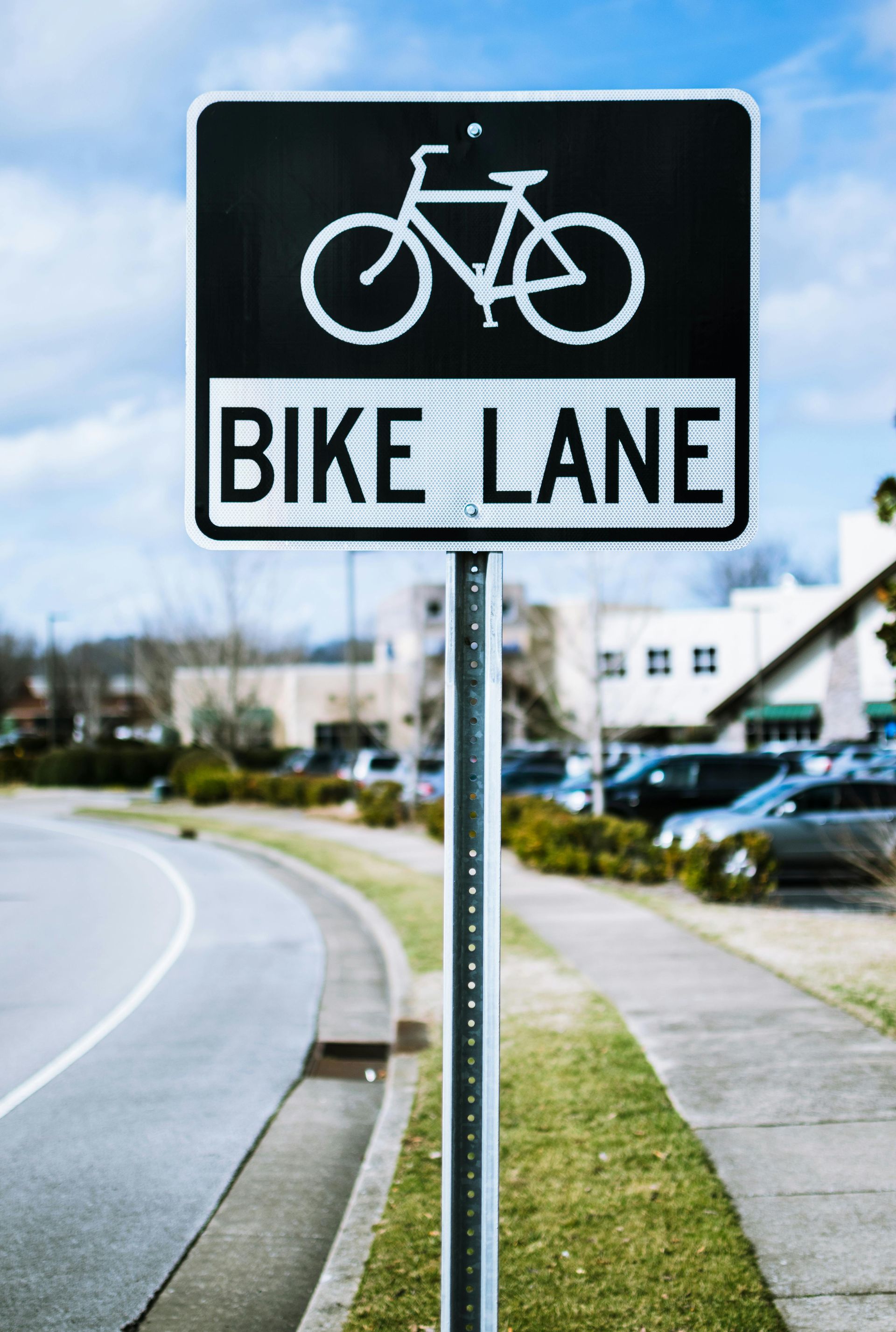 Hay una señal de carril bici al costado de la carretera.