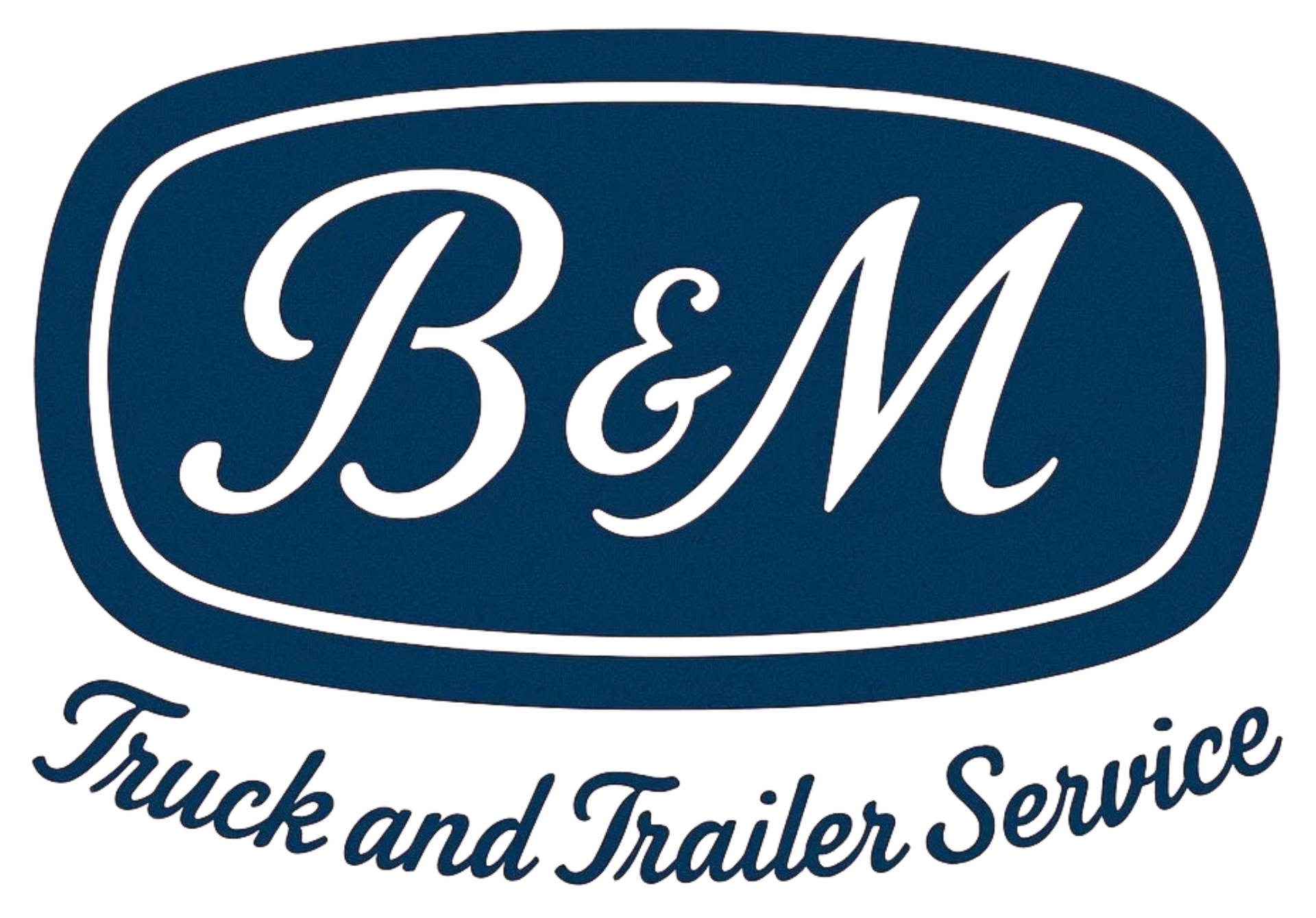 B&M Truck and Trailer Service logo in blue and white with cursive lettering