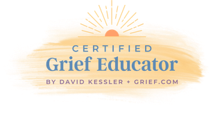 Certified Grief Educator logo in orange and blue with sunburst design; by David Kessler, grief.com