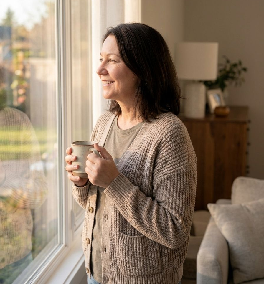 A woman smiling through the window holding a cup in her hands.