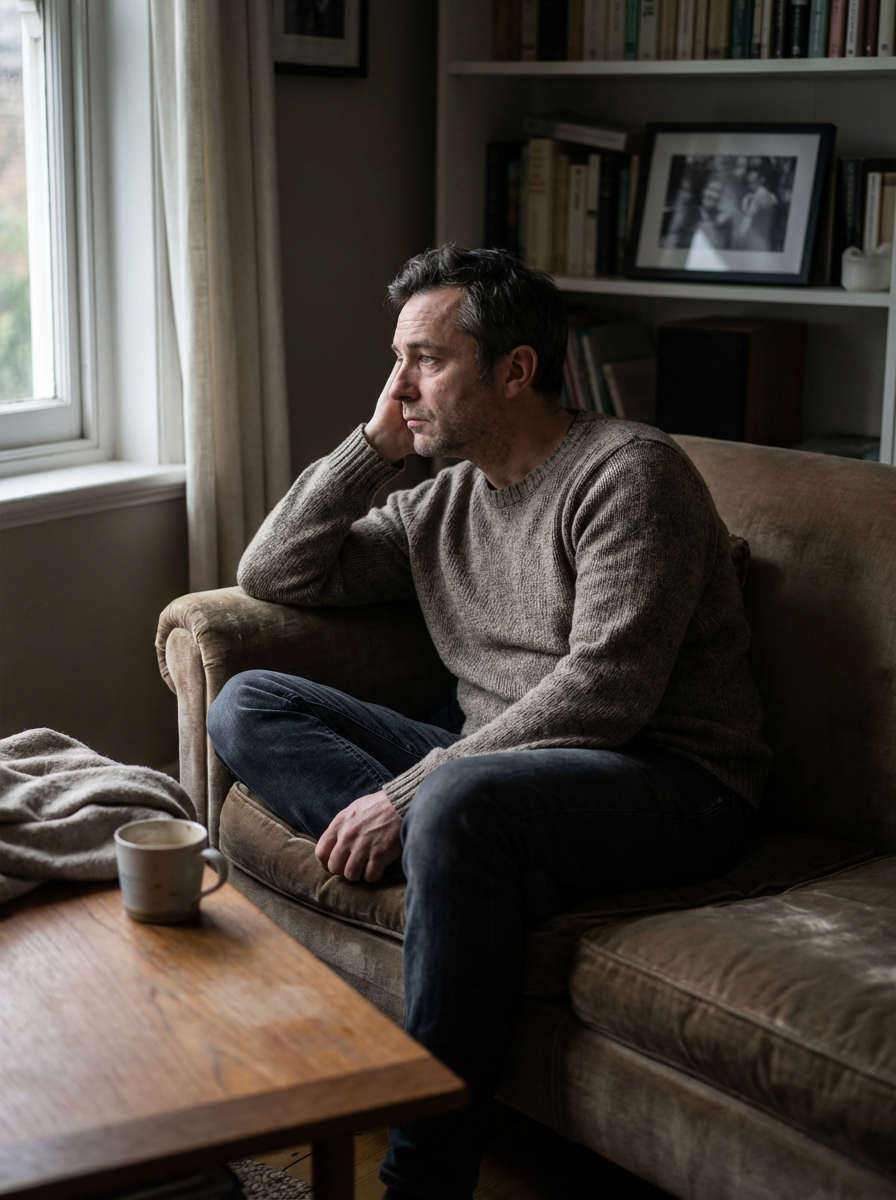 A man in his mid 40s frowning sitting on a couch