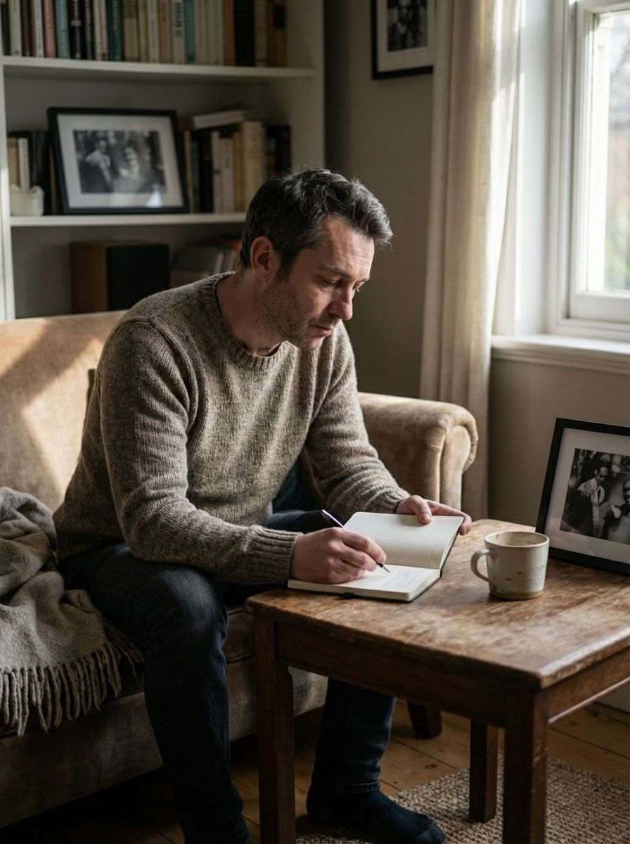 A man writing on a notebook sitting on a couch.