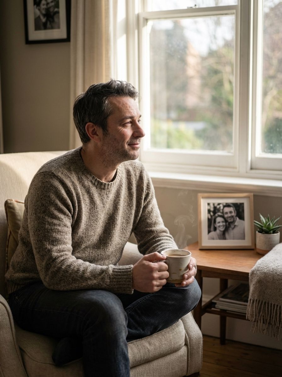 A man sitting on a couch with coffee in his hands.