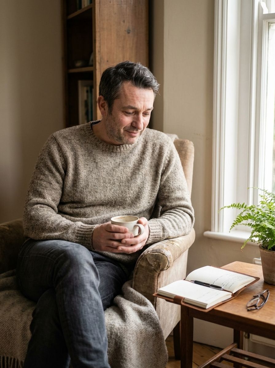 A man sitting in a chair looking happily at his notes.
