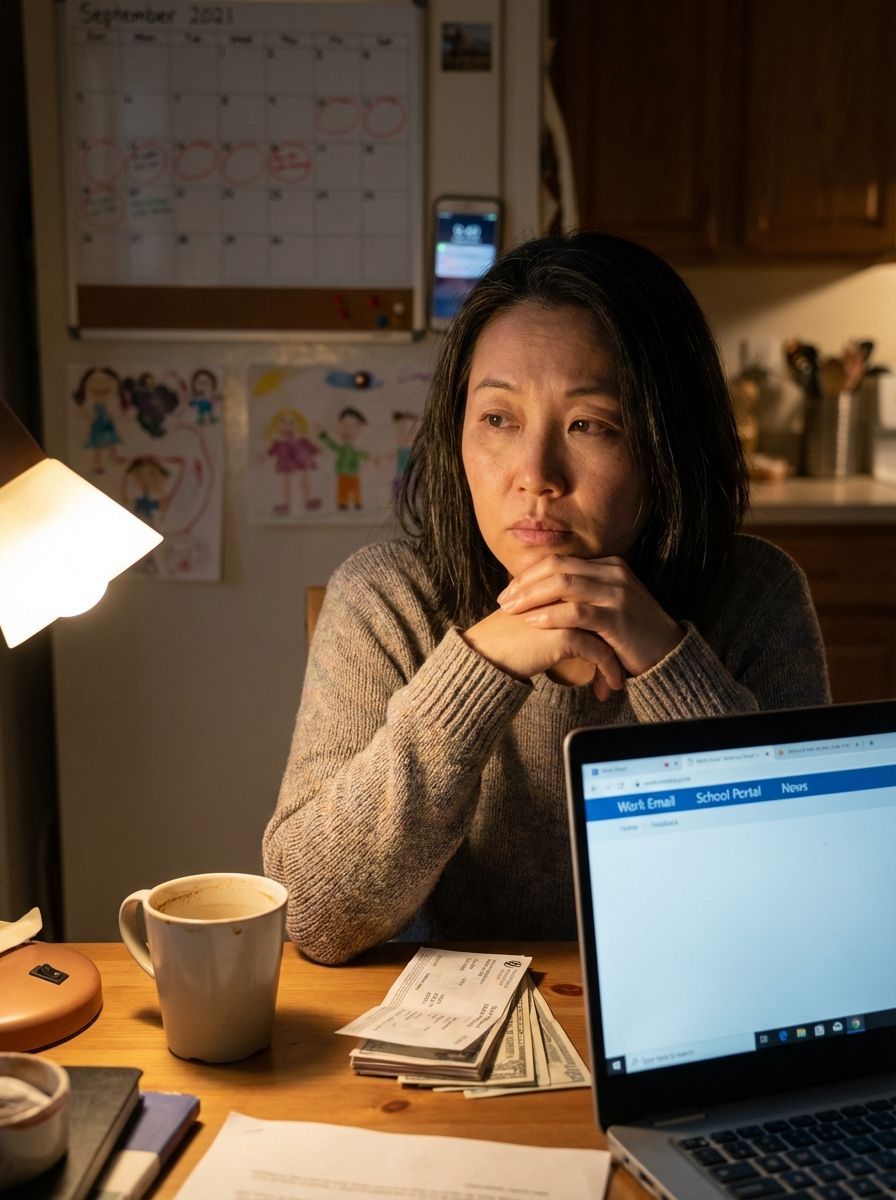 A woman feeling lost in front of a fridge and sitting on a chair.