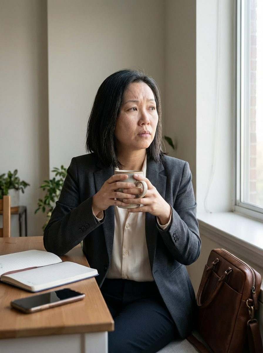 A woman holding coffee in her hands and looking back through the windows.