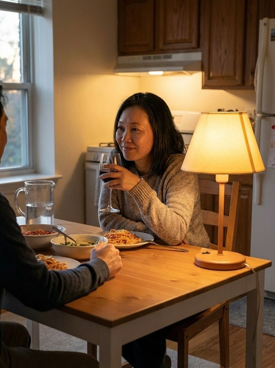 A woman enjoying her food with her partner.