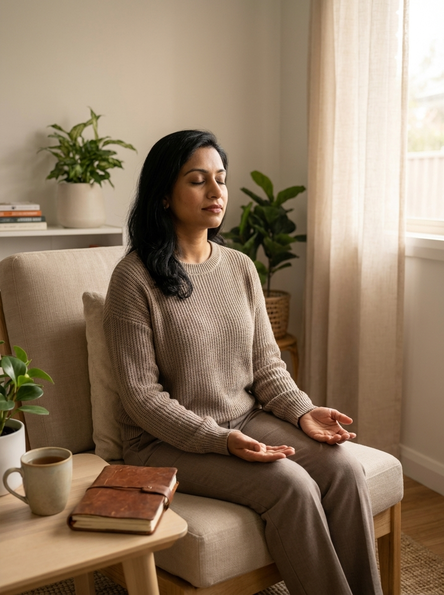 A woman meditating in silence in her living room with her palms open.