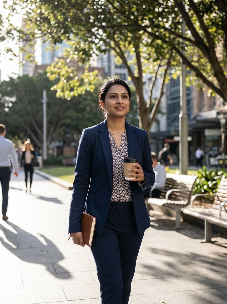 A woman walking at a park with formal office attire holding notebook and coffee in her hands.