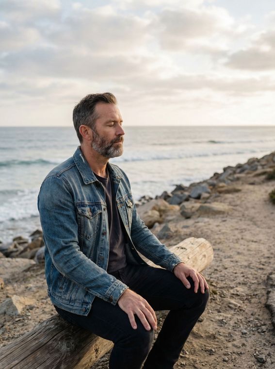 A man channeling his inner energy on a beach.