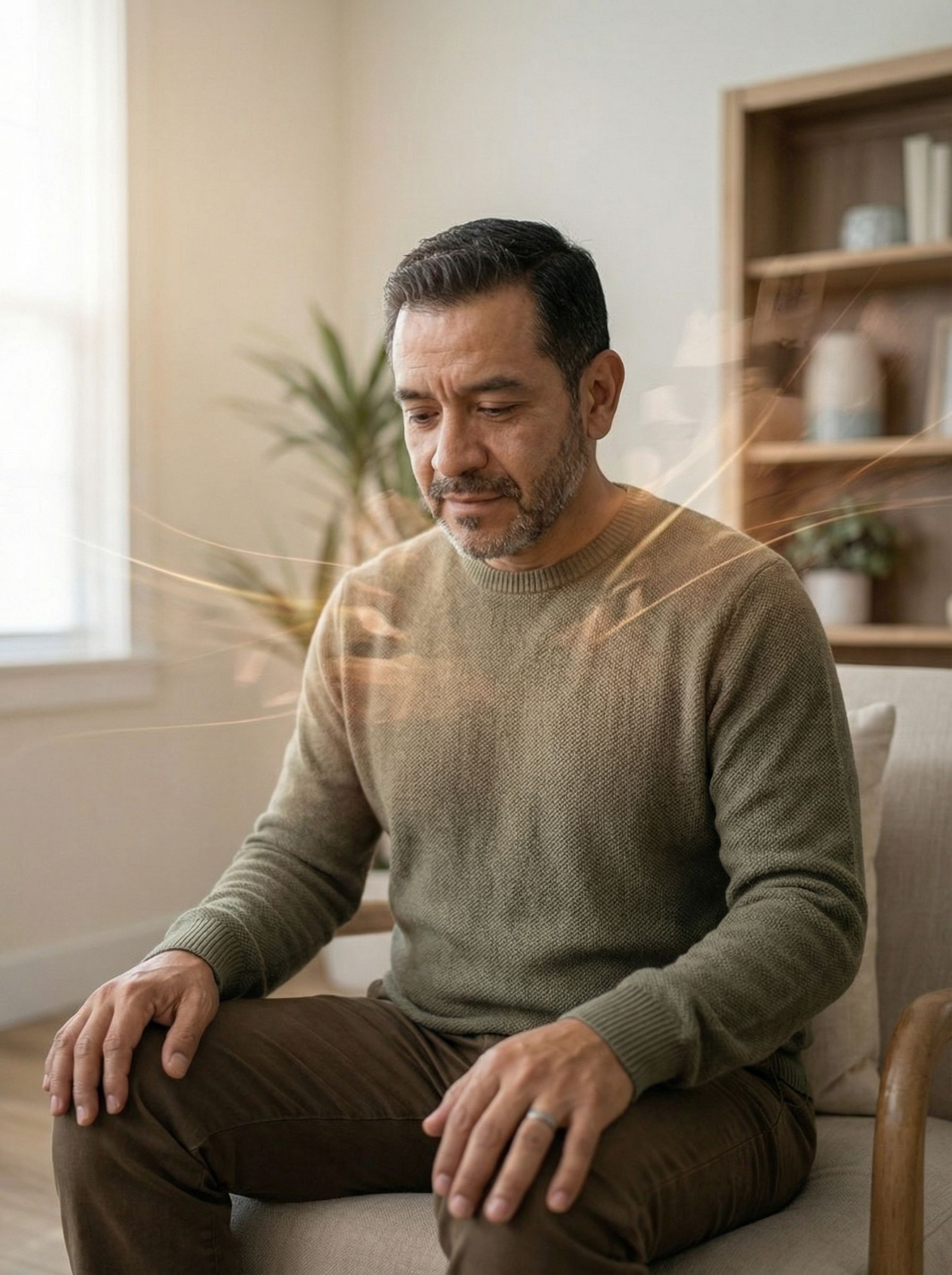 A man sitting on the couch channeling his inner energy.