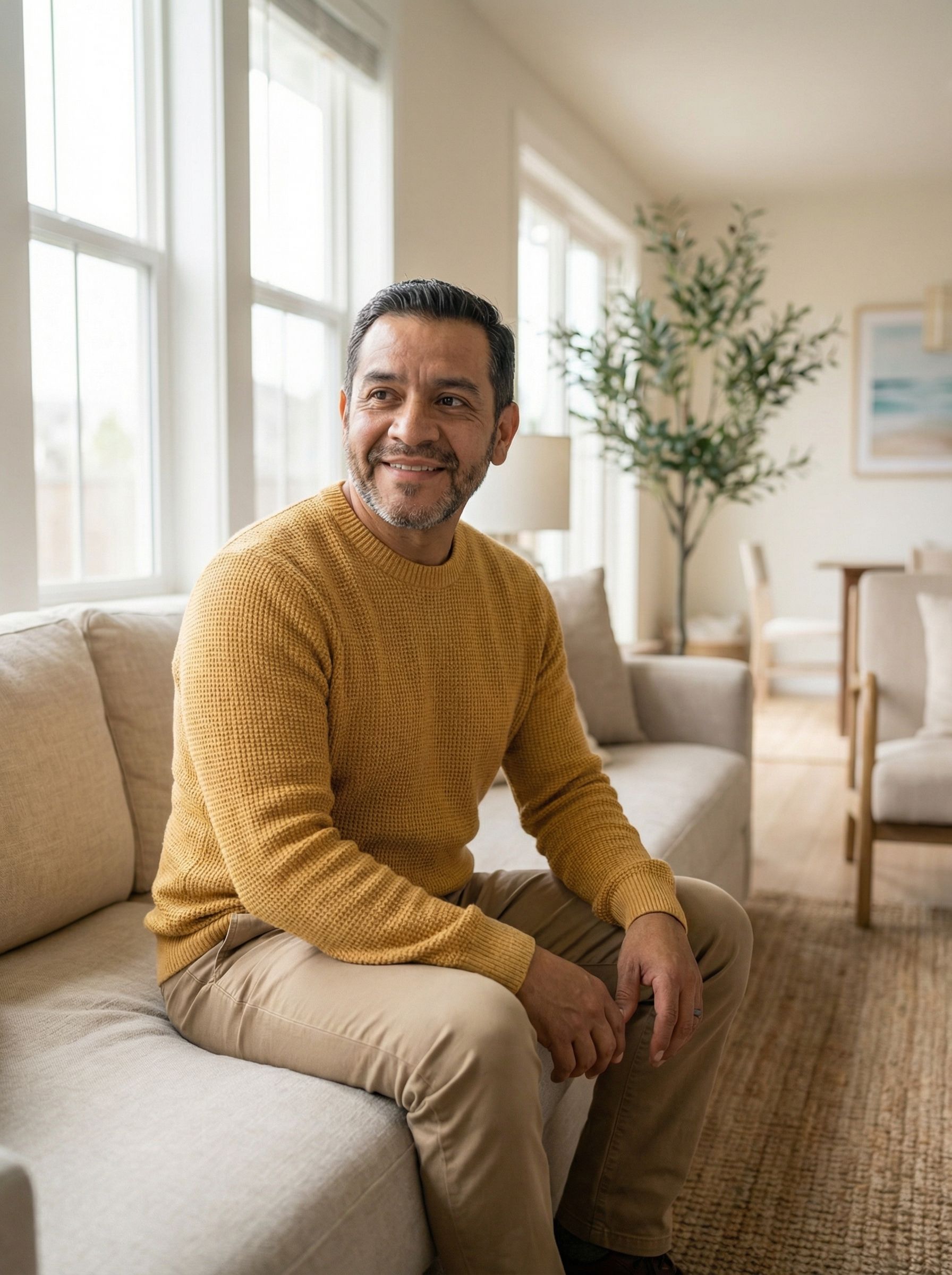 A man sitting feeling comfy on his couch in a living room.