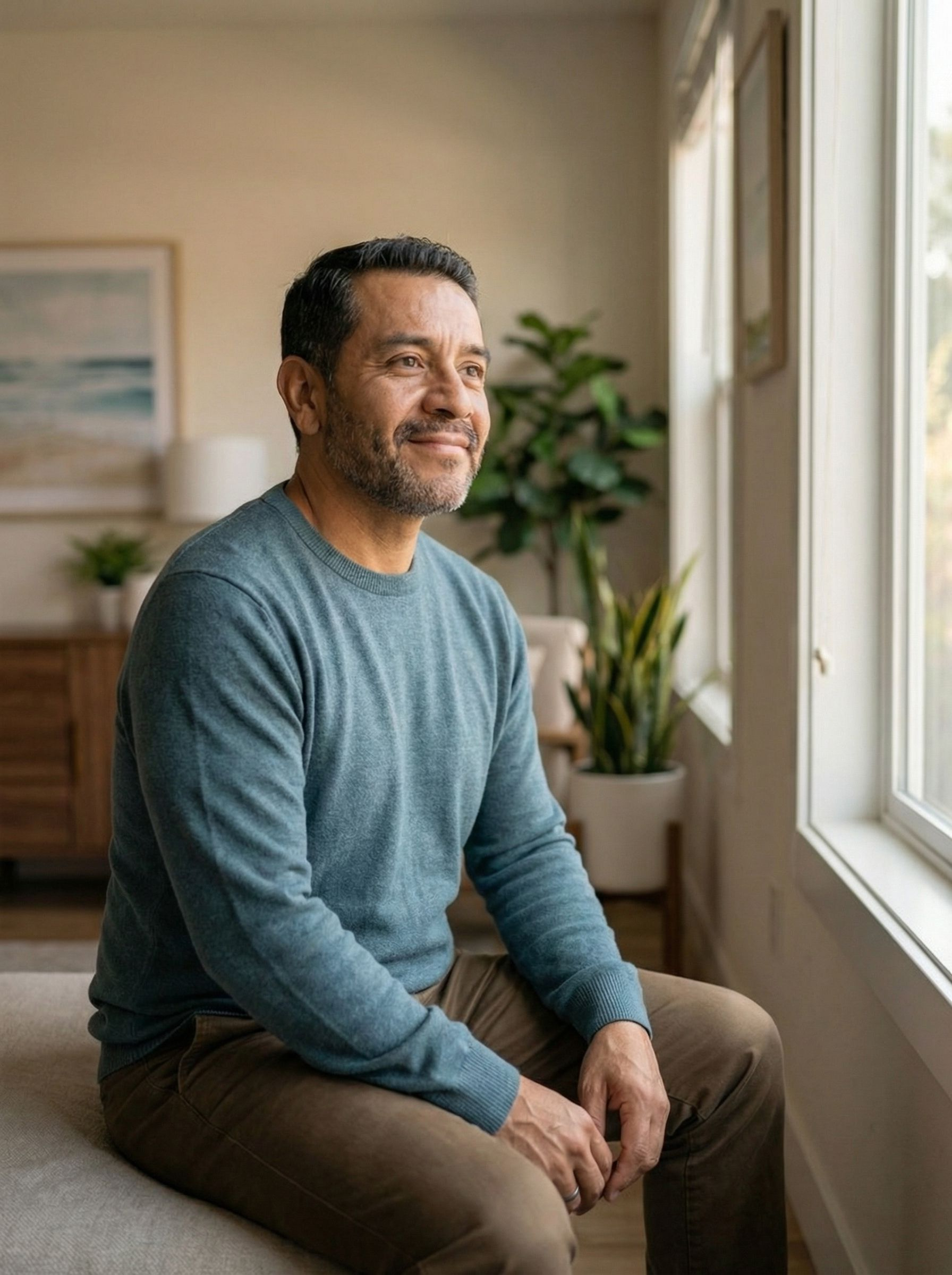 A man enjoying his company on a couch, watching outside of the window.