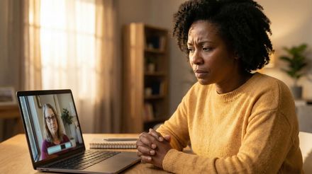 A woman is following the instructions of the therapist in front of her laptop.