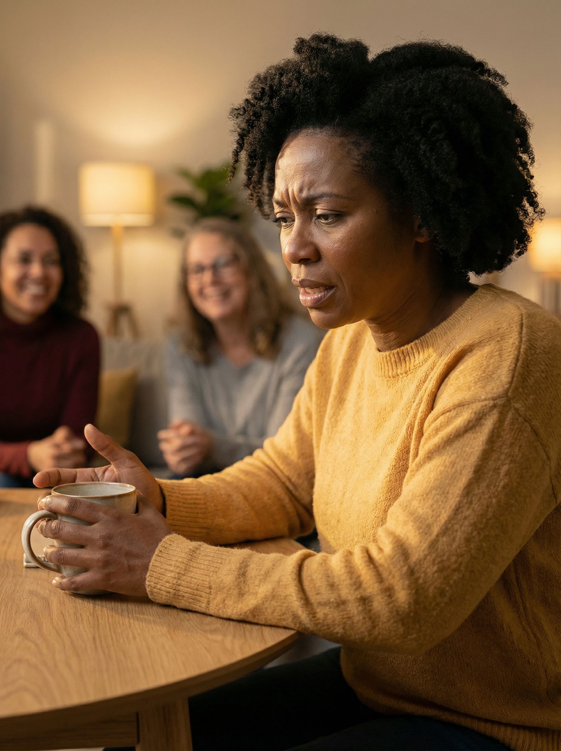A woman sitting along with her group of friends
