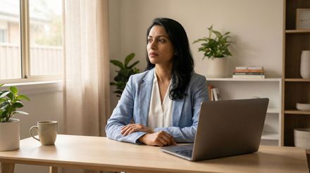 A woman in deep thought in front of her laptop.
