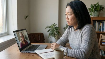 A lady talking to her therapist via video chat.