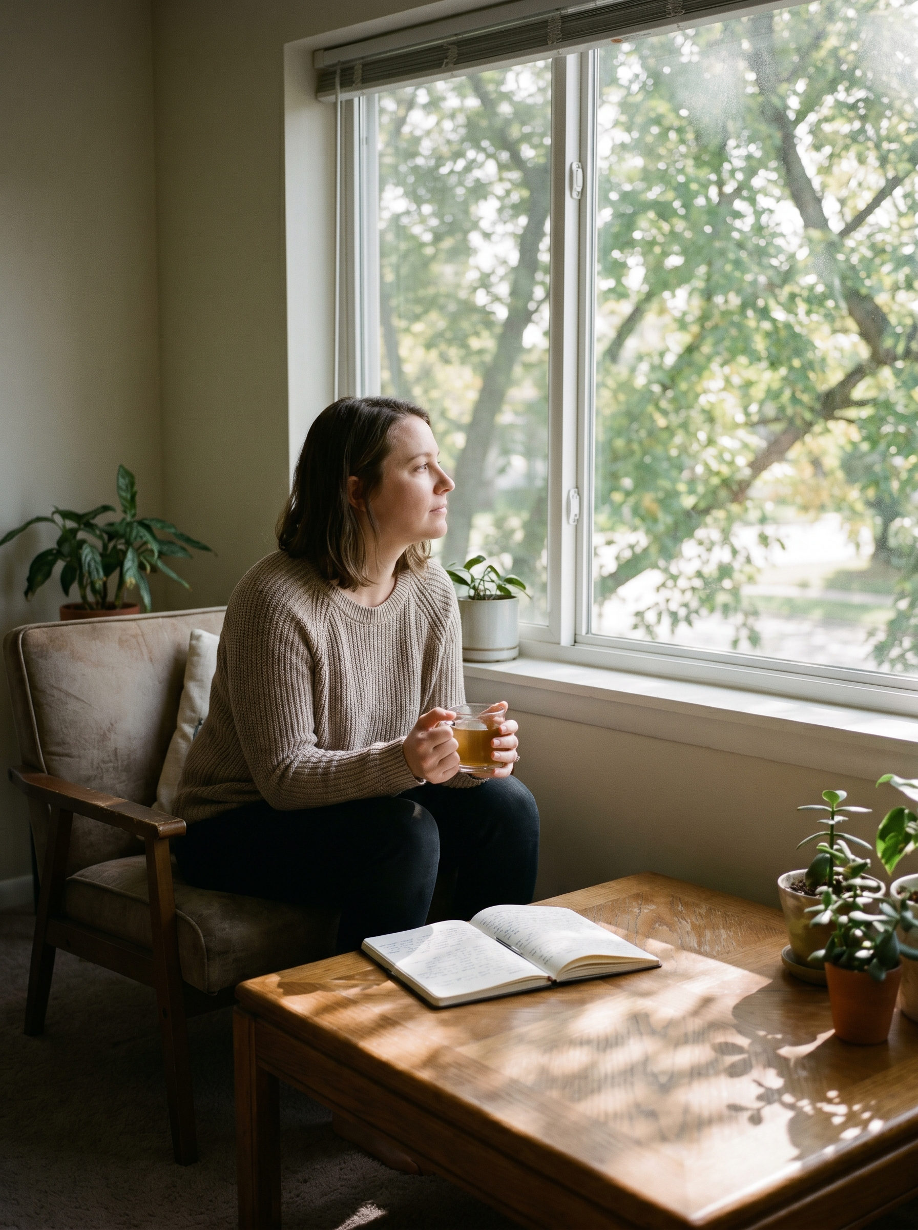 A woman sitting alone in her room drinking tea.
