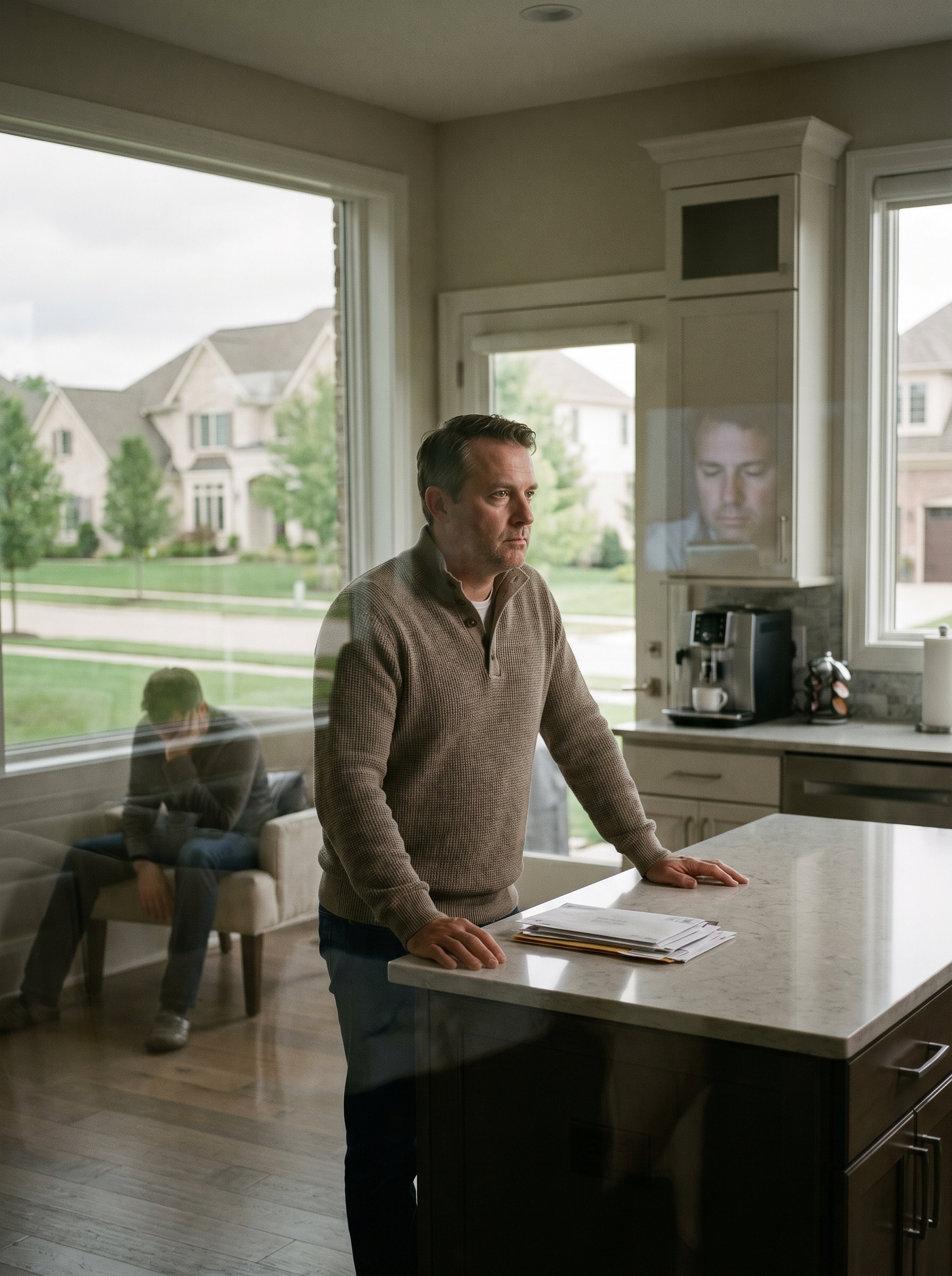 A man looking back at his past while in a kitchen.