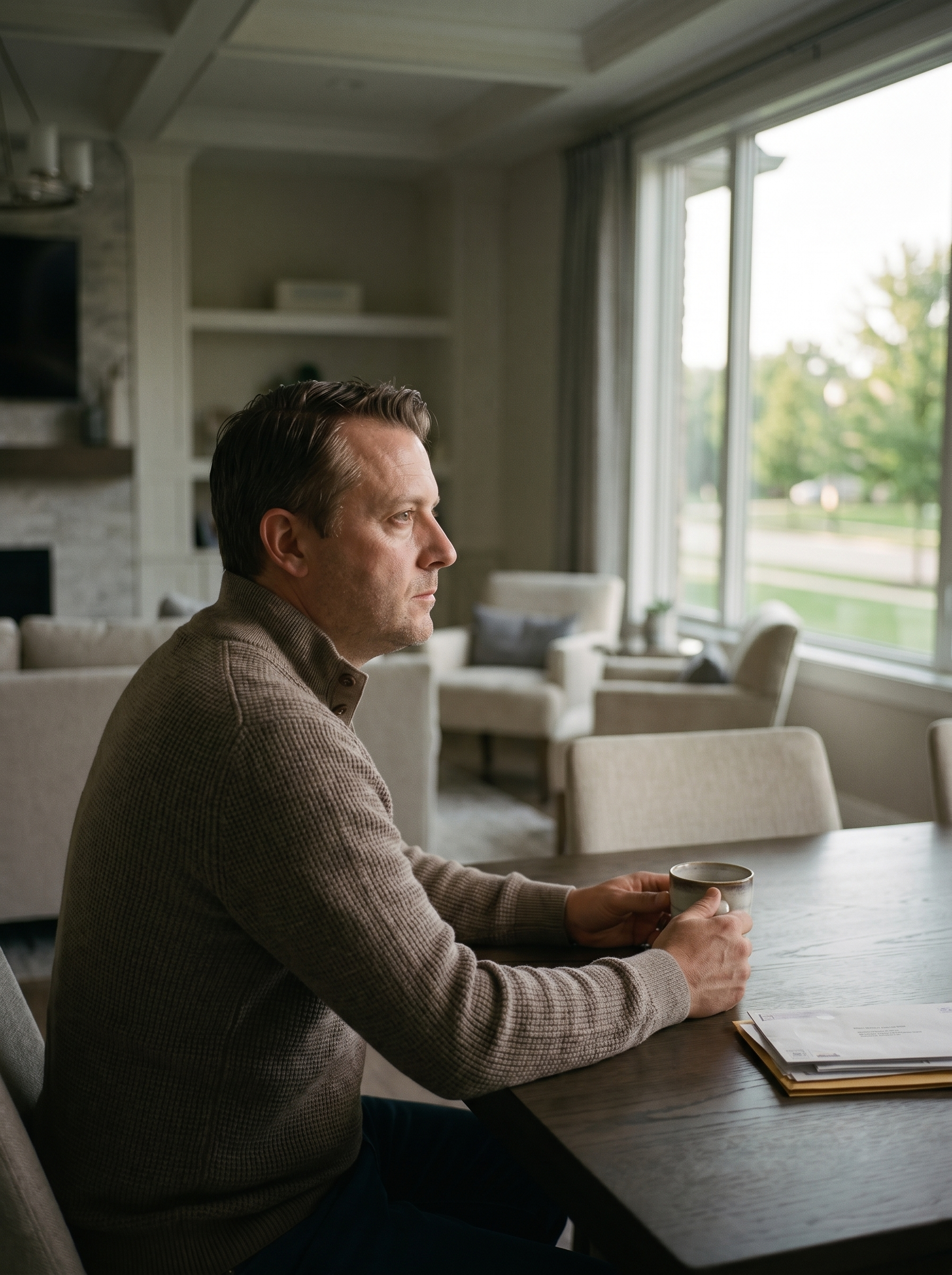 A man is sitting in his kitchen looking outside of the window.