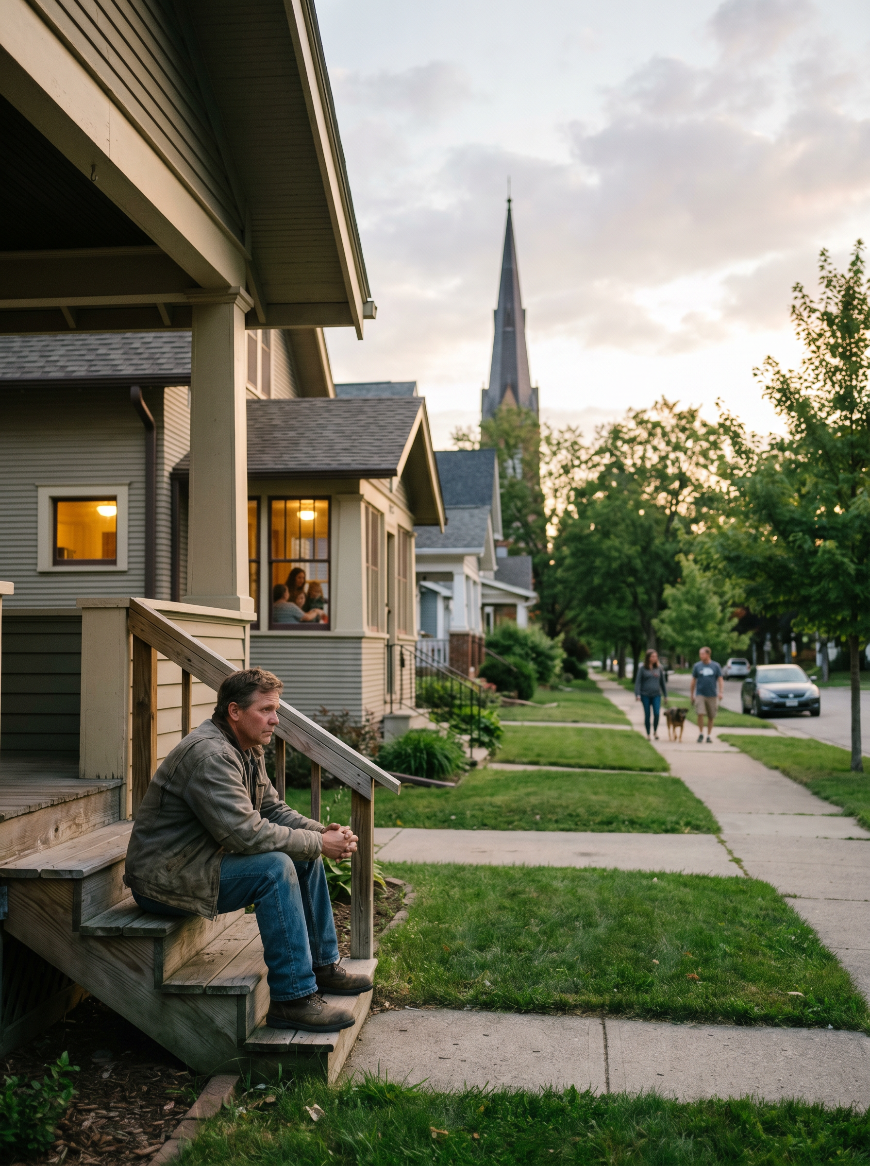 A man sitting infront of his house on the stairs.