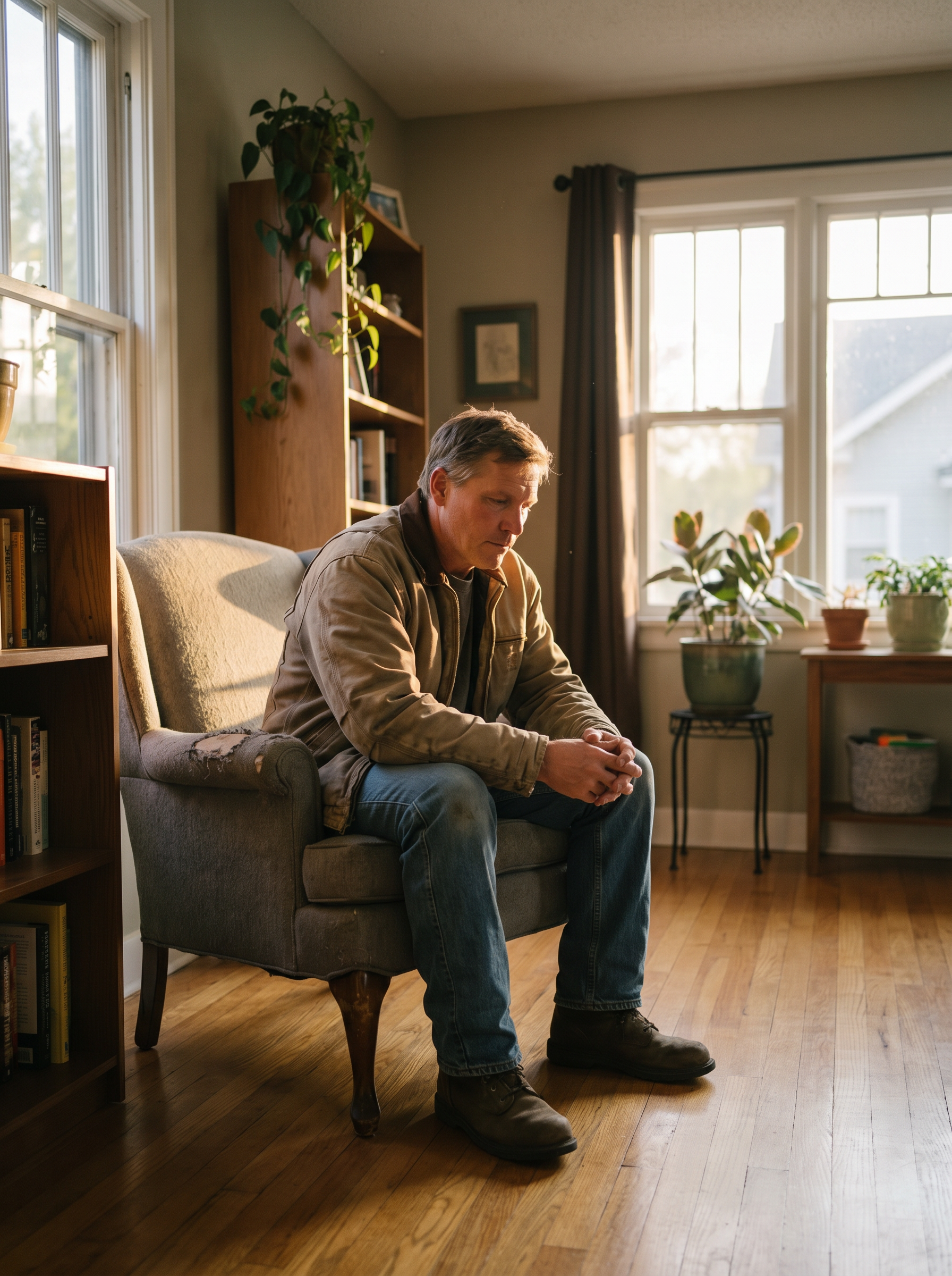 A man sitting on a chair in his living room.