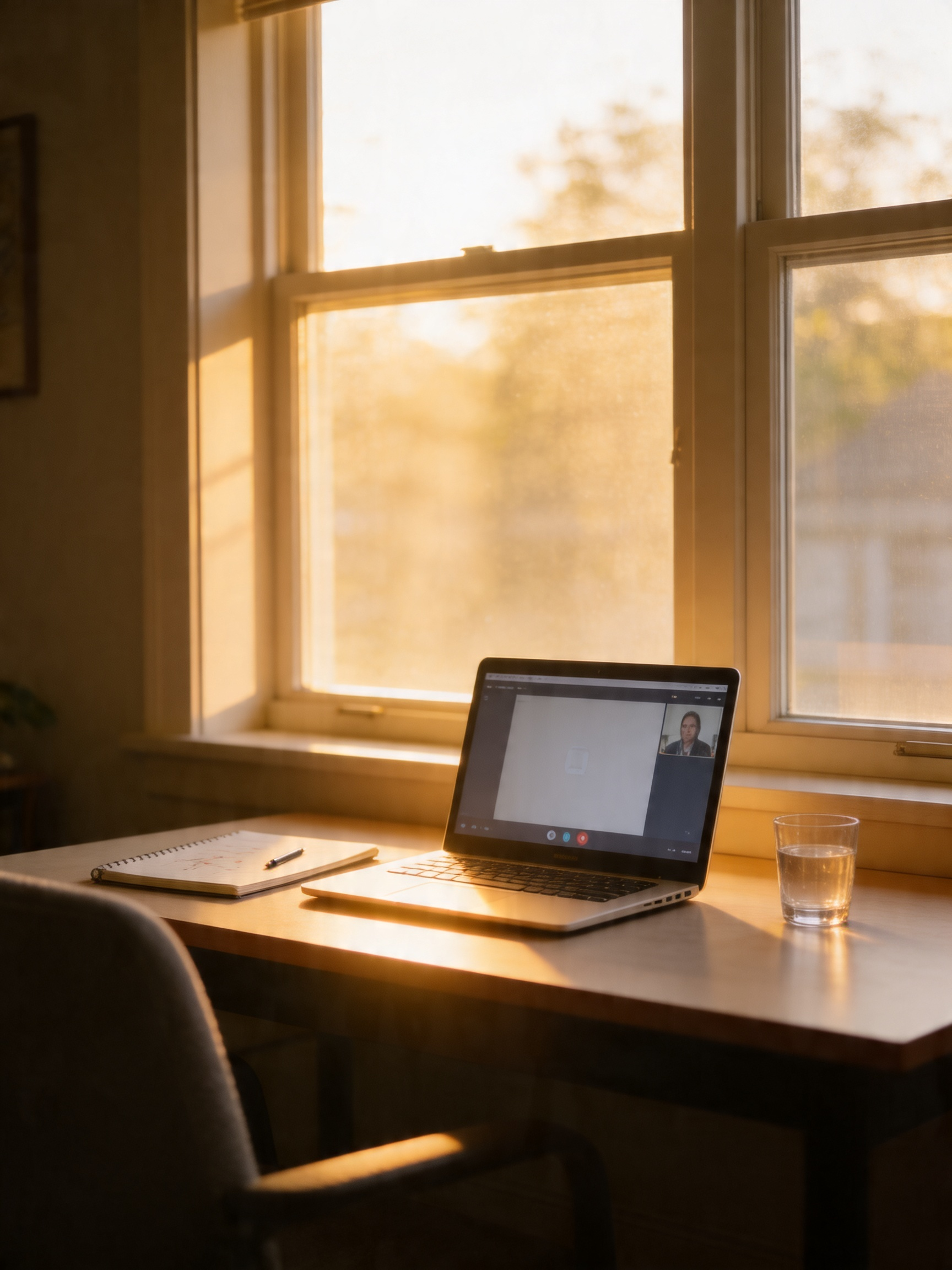 A laptop placed on a table infront of a window