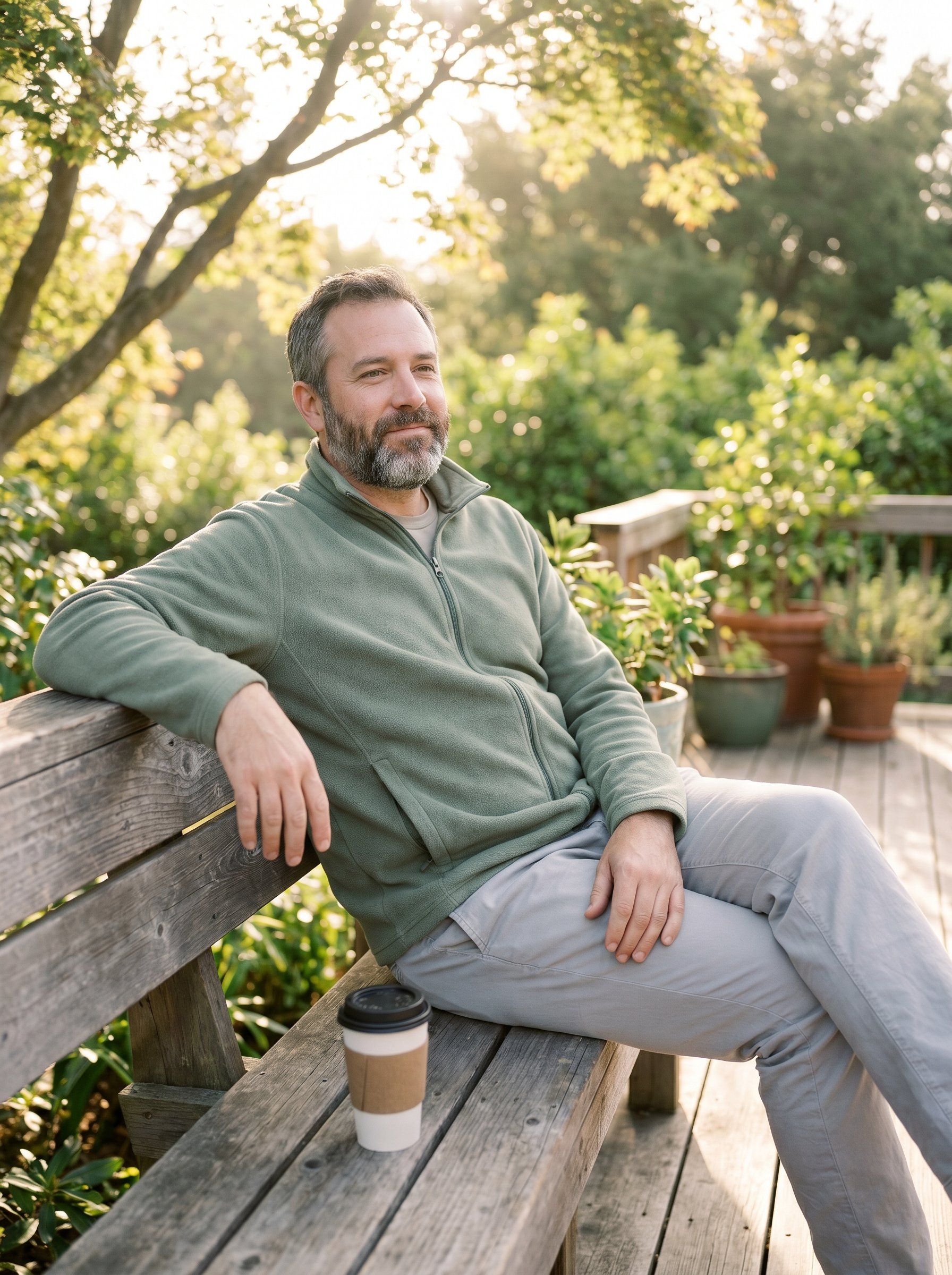 A man sitting in a garden on a bench.