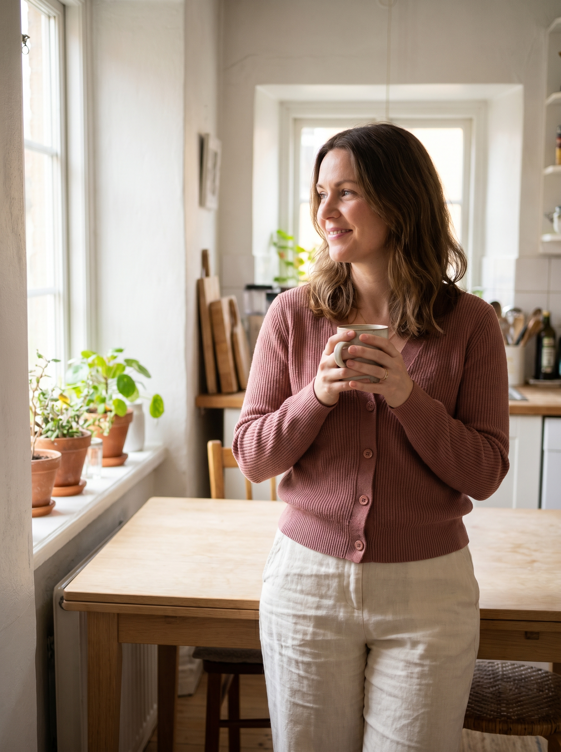 A woman smiling while holding a cup.