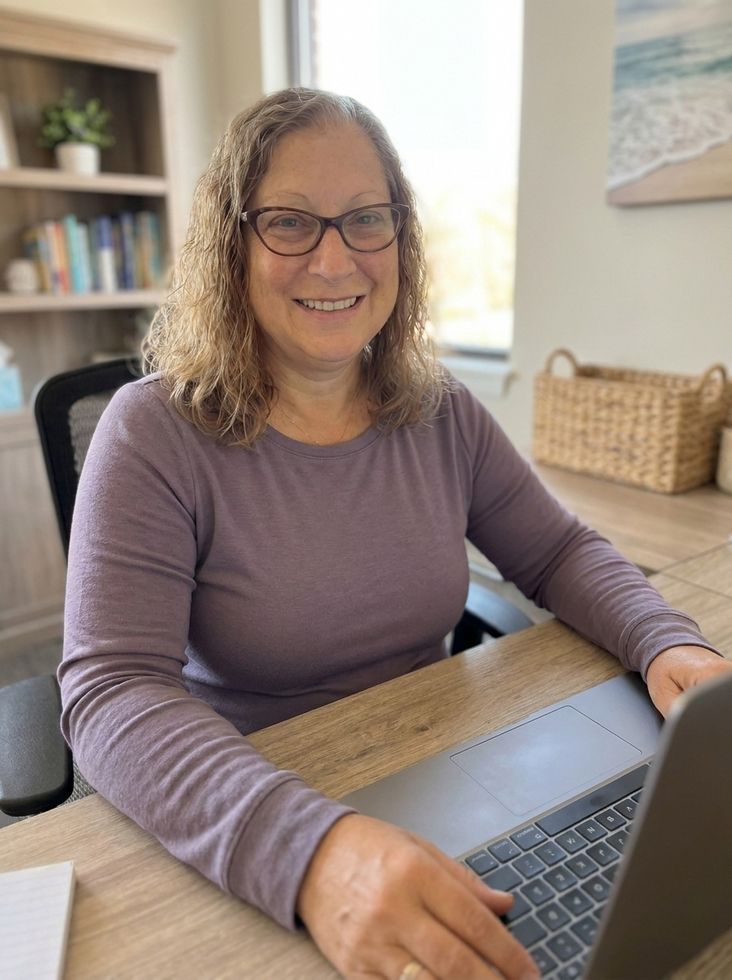 A therapist looking at the camera, smiling in front of her laptop.