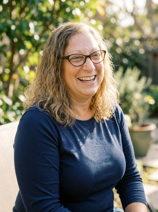A therapist is sitting on a bench in a terrace garden.