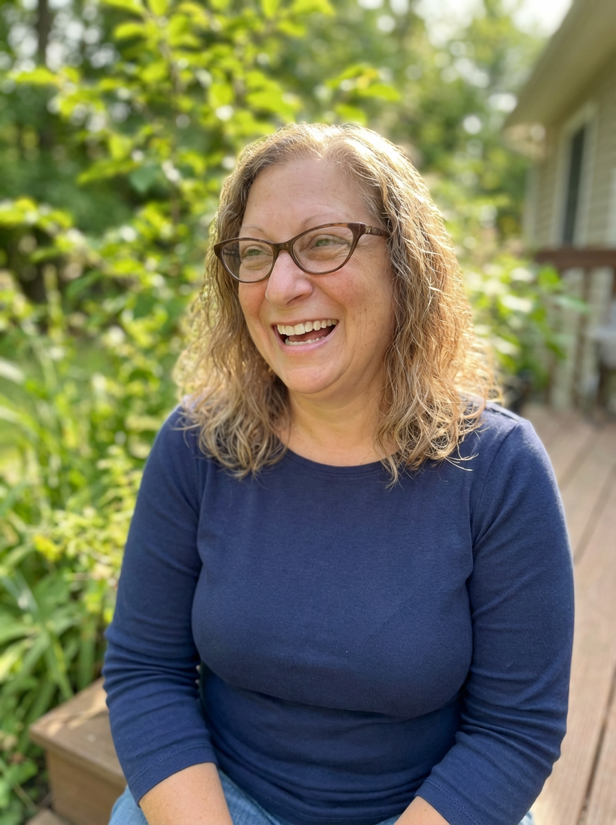 Therapist smiling while in a garden.