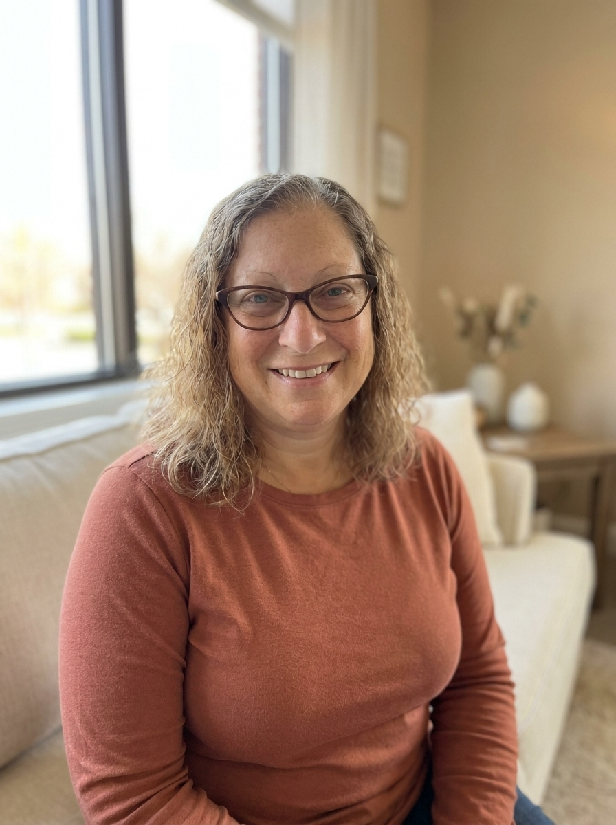 A therapist looking at the camera, smiling, sitting on a couch.
