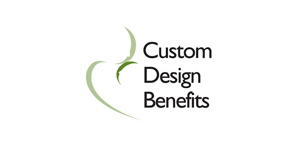 Custom Design Benefits logo with green abstract leaf and black text on white background