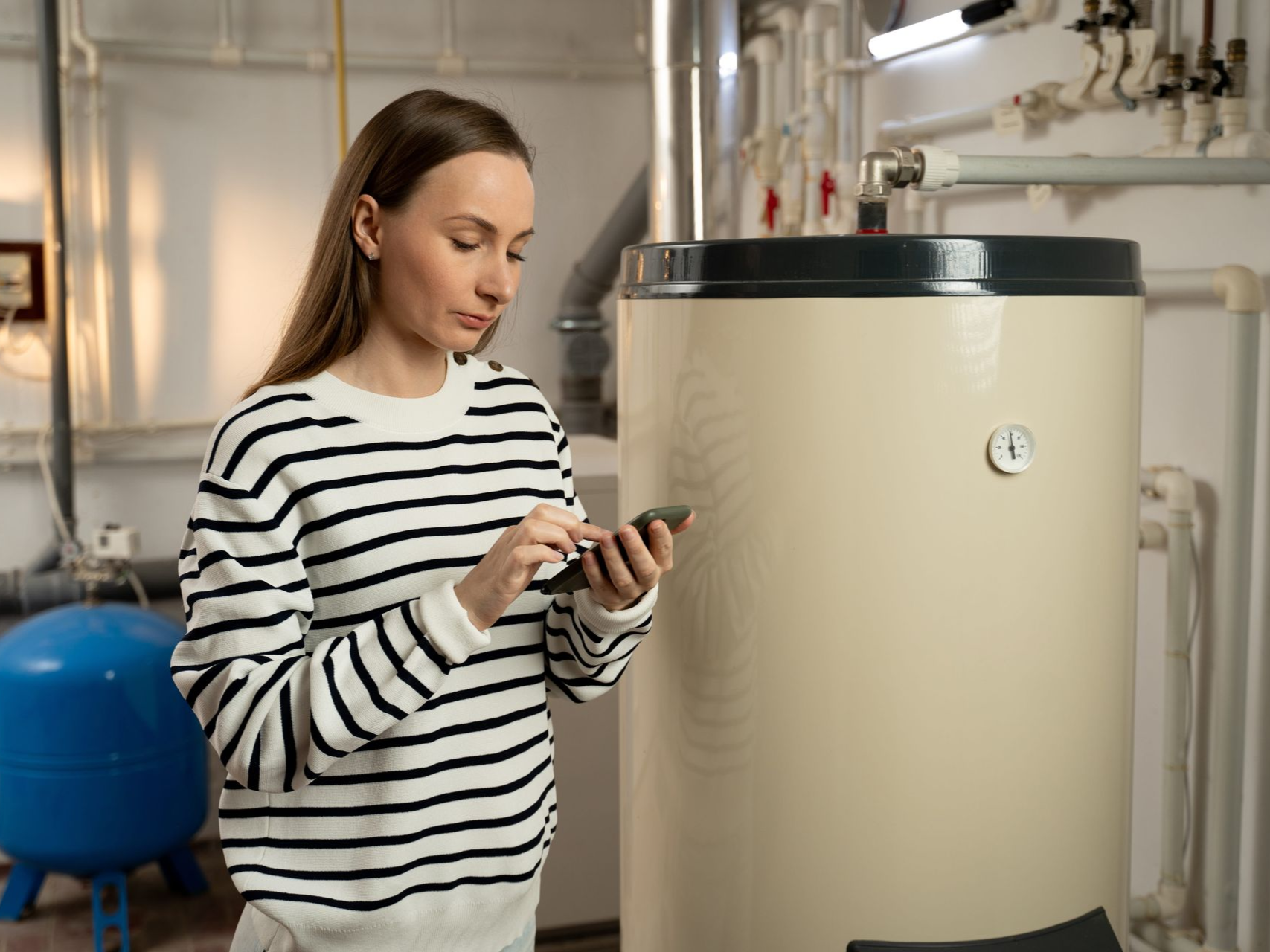 Person in a striped shirt using a phone beside a large beige industrial tank in a utility room