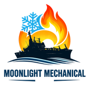Moonlight Mechanical logo with a ship silhouette, blue snowflake, and orange flame above the company name