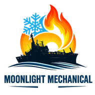 Moonlight Mechanical logo with a ship silhouette, blue snowflake, and orange flame above the company name