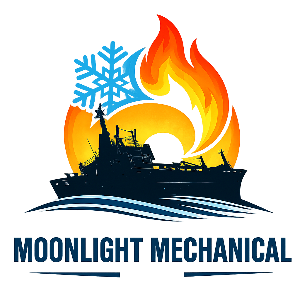 Moonlight Mechanical logo with a ship silhouette, blue snowflake, and orange flame above the company name